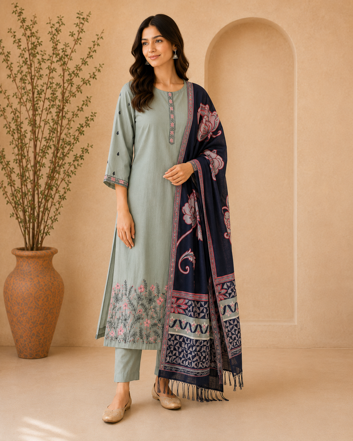 Sage Green Embroidered Cotton Kurta Set with Trousers & Contrast Dupatta