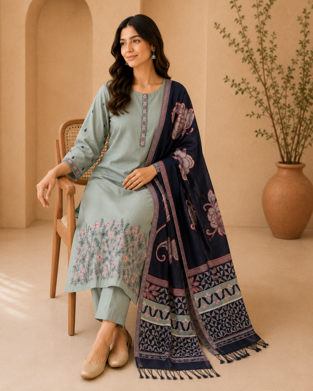 Sage Green Embroidered Cotton Kurta Set with Trousers & Contrast Dupatta