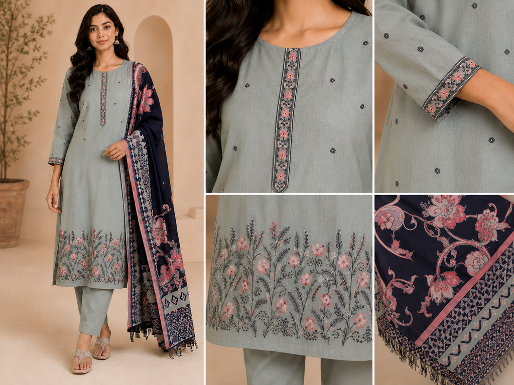 Sage Green Embroidered Cotton Kurta Set with Trousers & Contrast Dupatta
