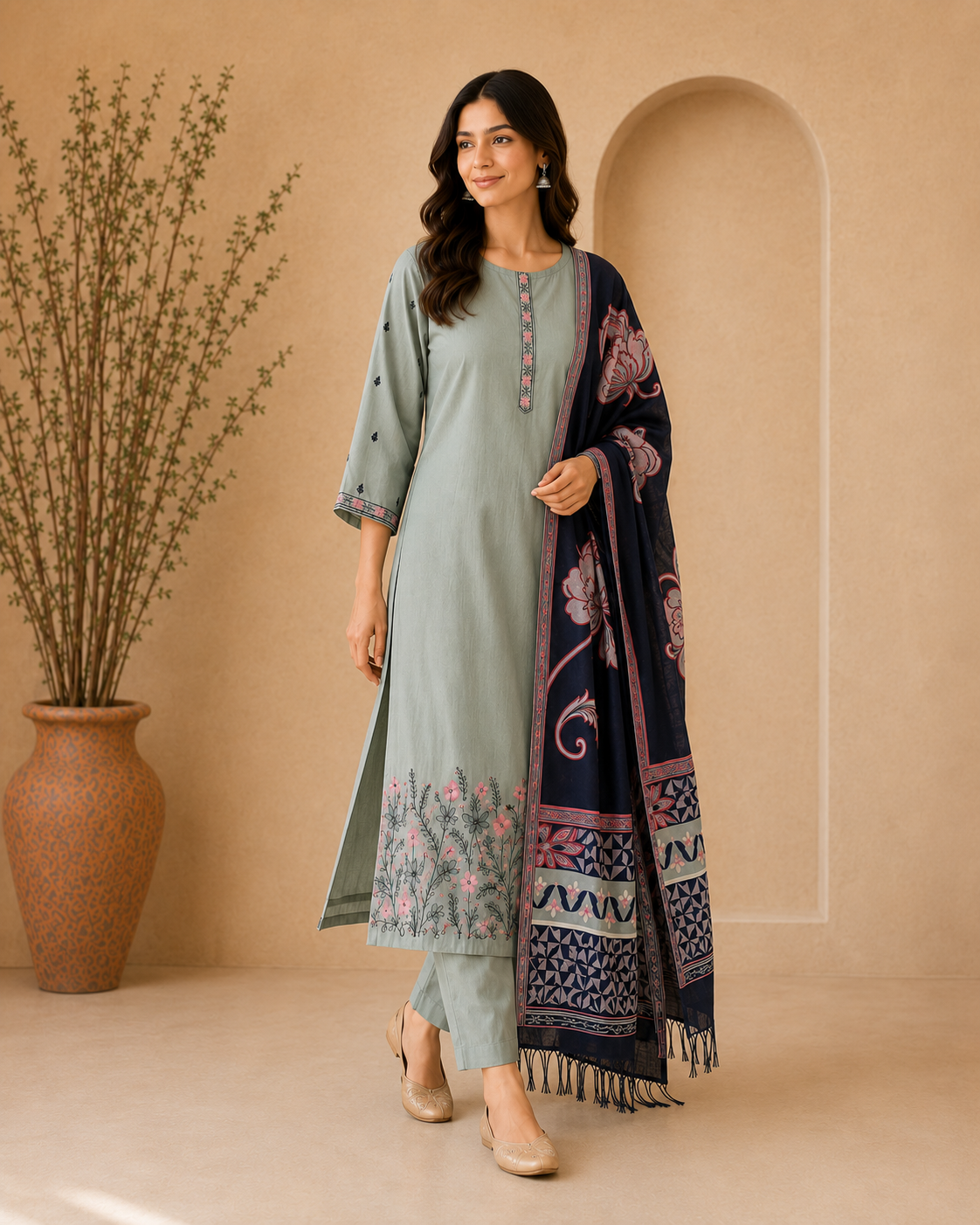 Sage Green Embroidered Cotton Kurta Set with Trousers & Contrast Dupatta