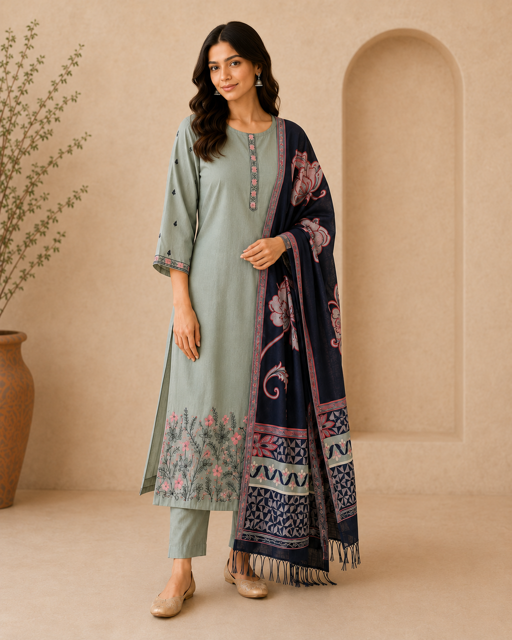 Sage Green Embroidered Cotton Kurta Set with Trousers & Contrast Dupatta