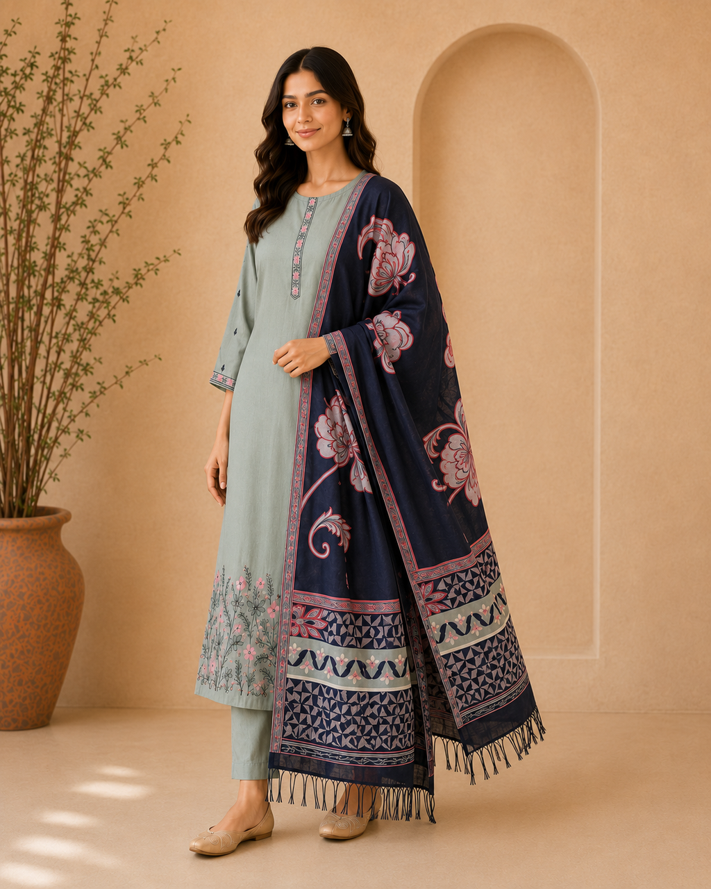 Sage Green Embroidered Cotton Kurta Set with Trousers & Contrast Dupatta