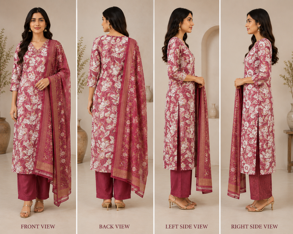 Onion Pink Cotton Floral Print Kurta Set with Pants & Dupatta