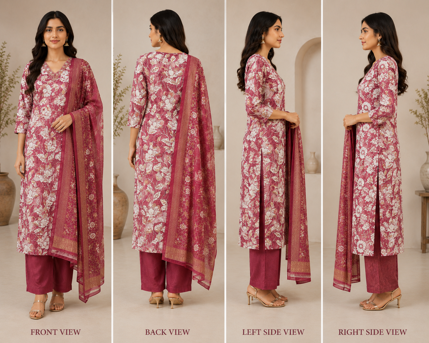 Onion Pink Cotton Floral Print Kurta Set with Pants & Dupatta