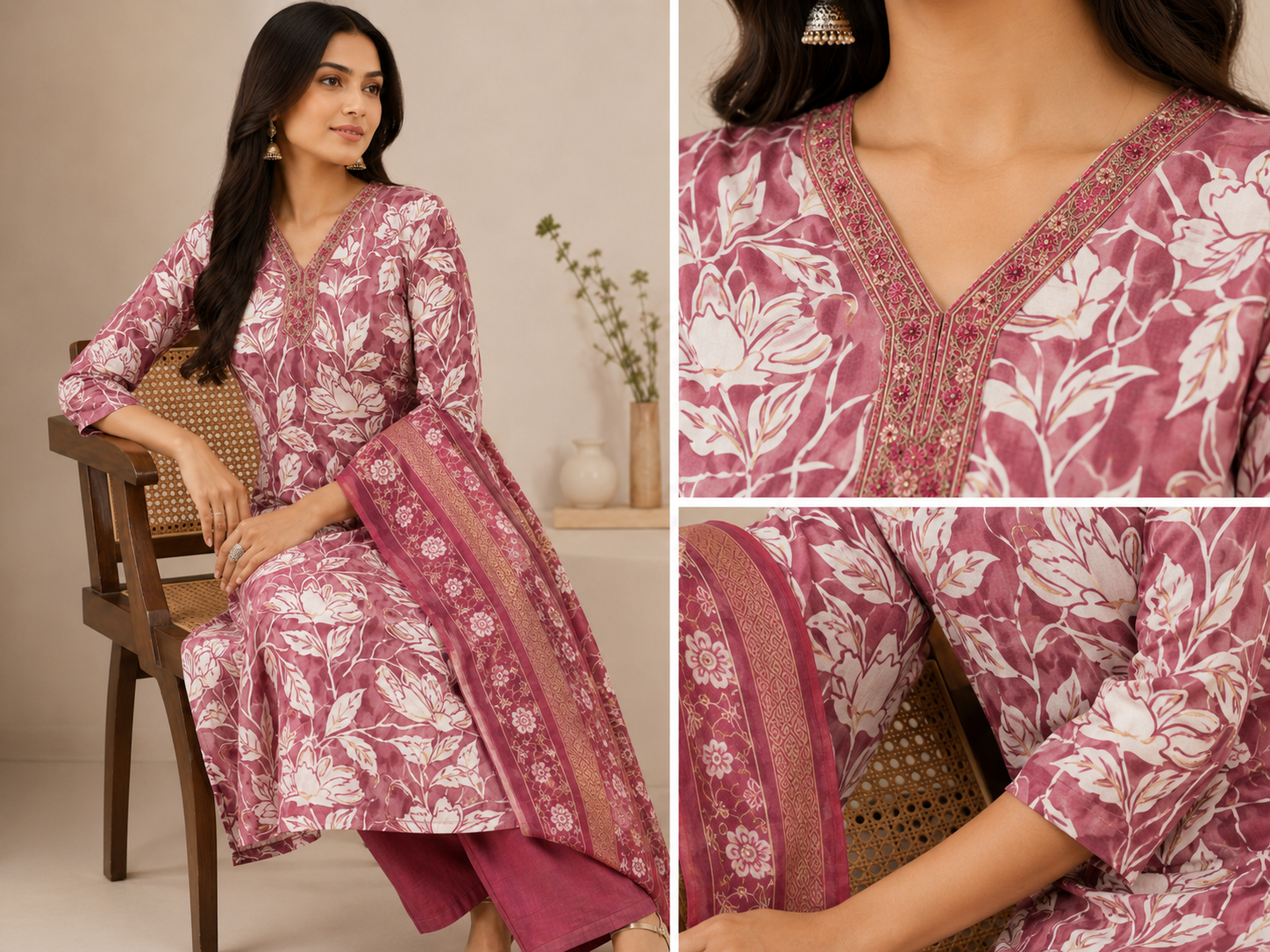 Onion Pink Cotton Floral Print Kurta Set with Pants & Dupatta