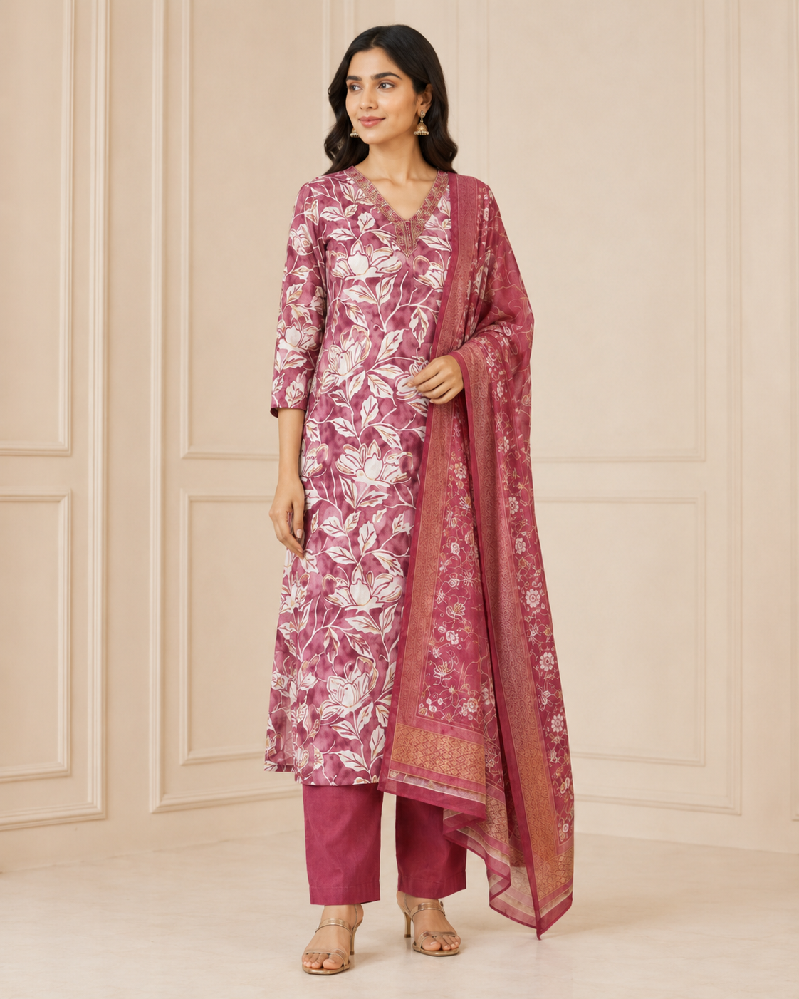 Onion Pink Cotton Floral Print Kurta Set with Pants & Dupatta