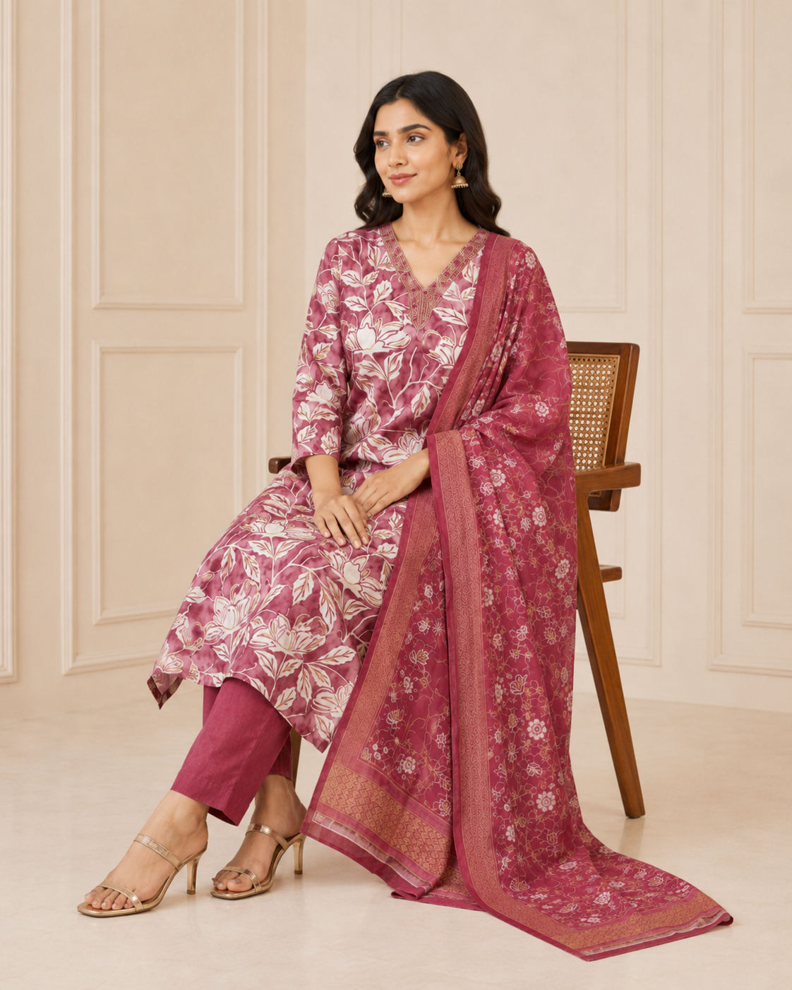 Onion Pink Cotton Floral Print Kurta Set with Pants & Dupatta
