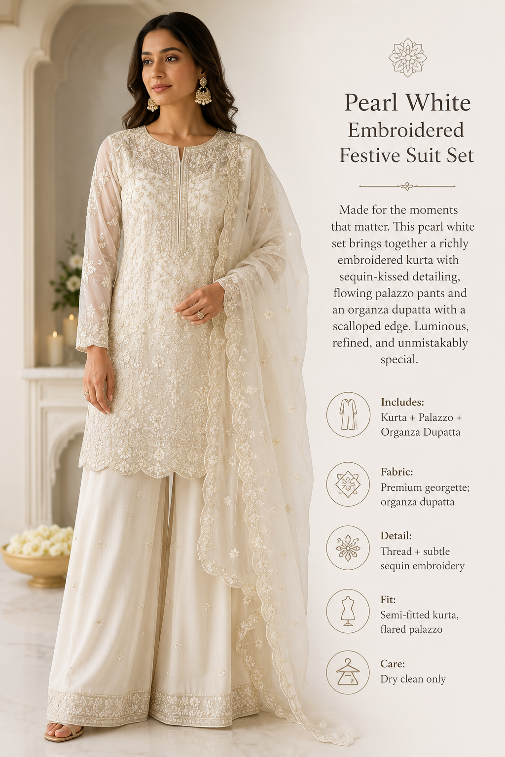 Pearl White Embroidered Festive Suit Set