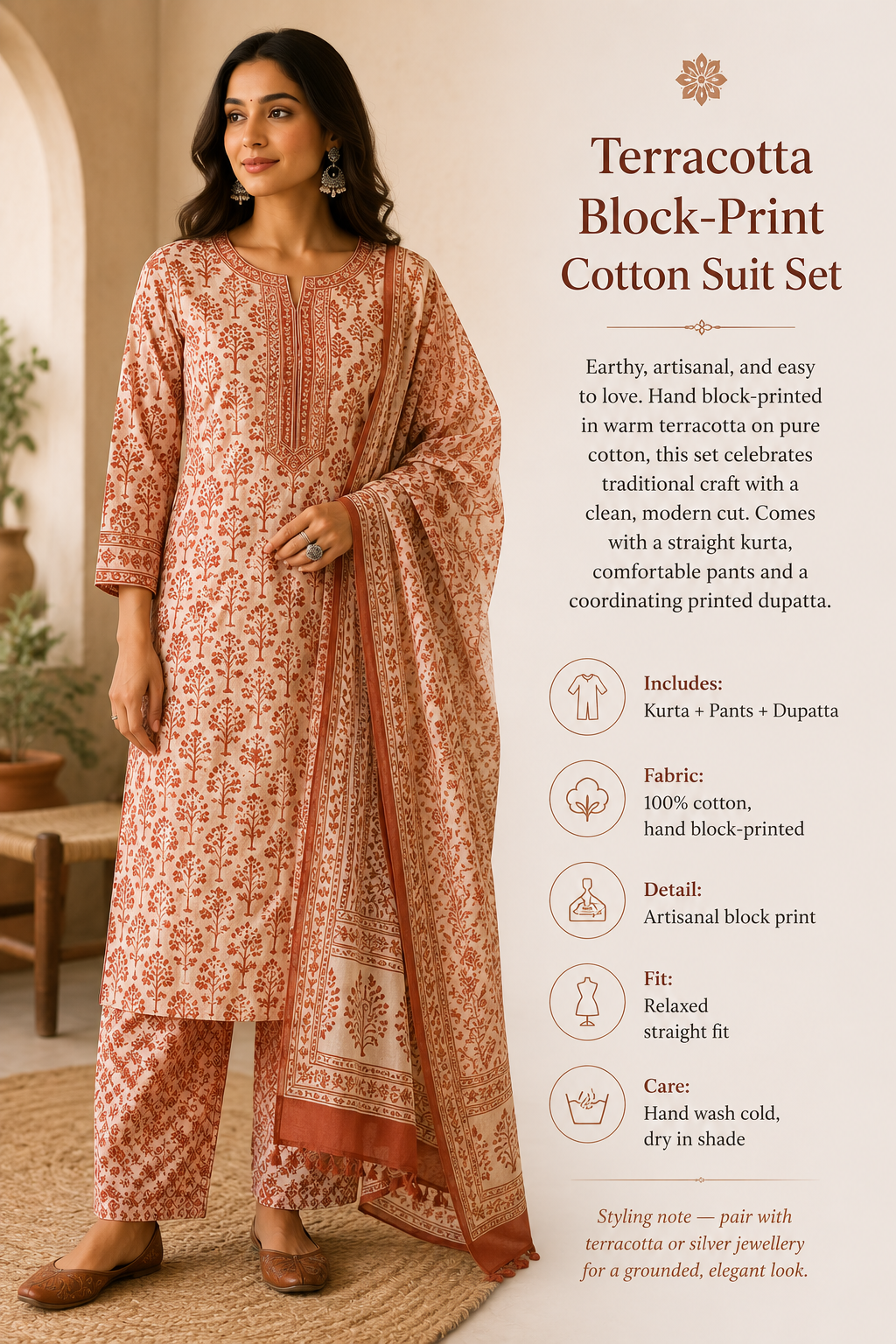 Terracotta Block-Print Cotton Suit Set