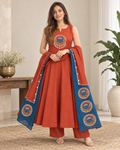 Women’s Lotus Embroidered Pure Cotton Flared Kurta Pant Dupatta Set= PRMP-SE-J-19 [Rust Terracotta]