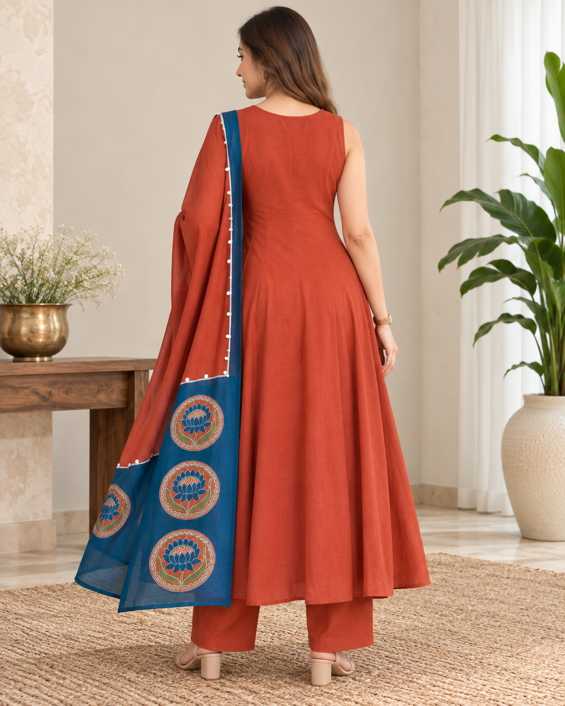 Women’s Lotus Embroidered Pure Cotton Flared Kurta Pant Dupatta Set= PRMP-SE-J-19