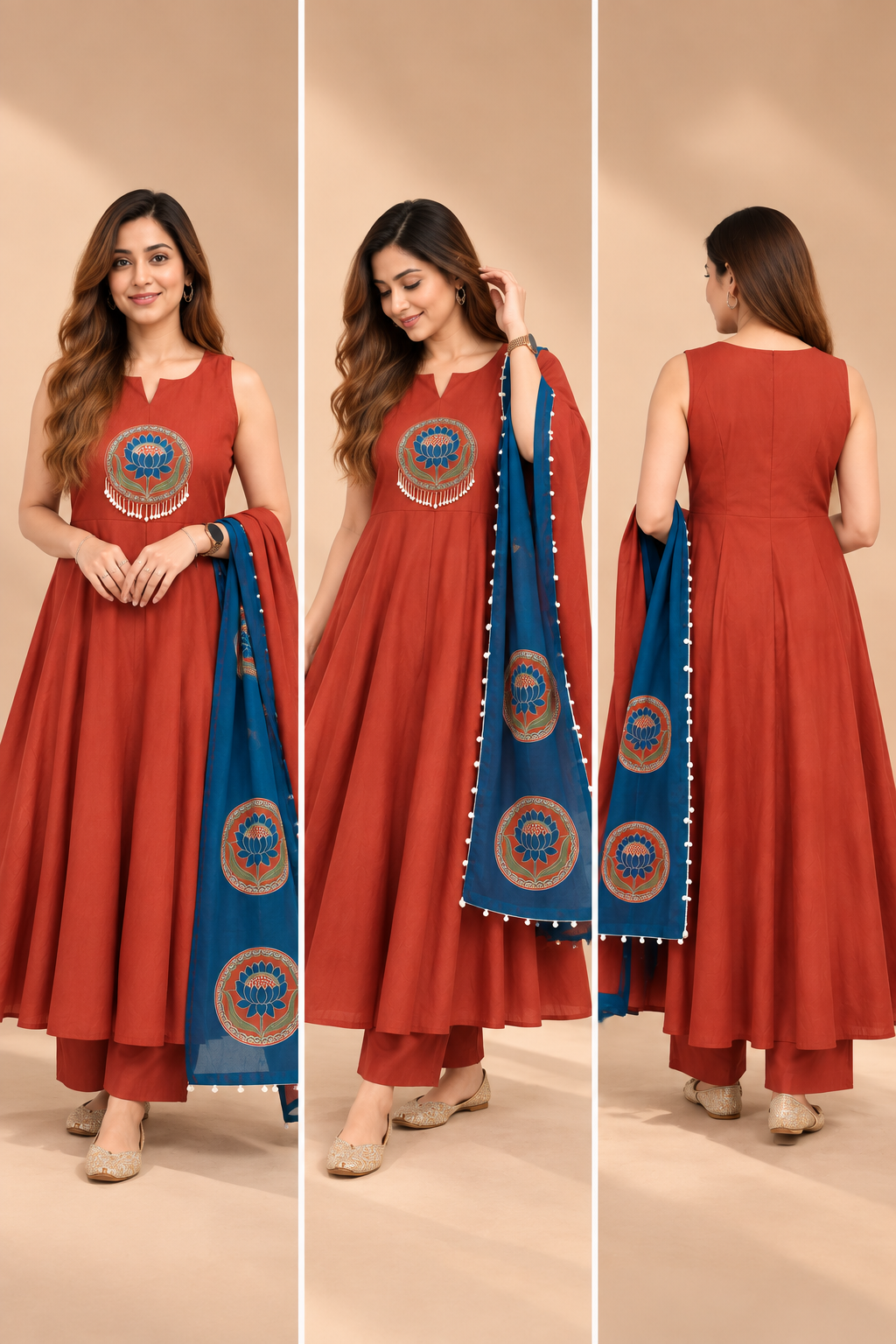 Women’s Lotus Embroidered Pure Cotton Flared Kurta Pant Dupatta Set= PRMP-SE-J-19