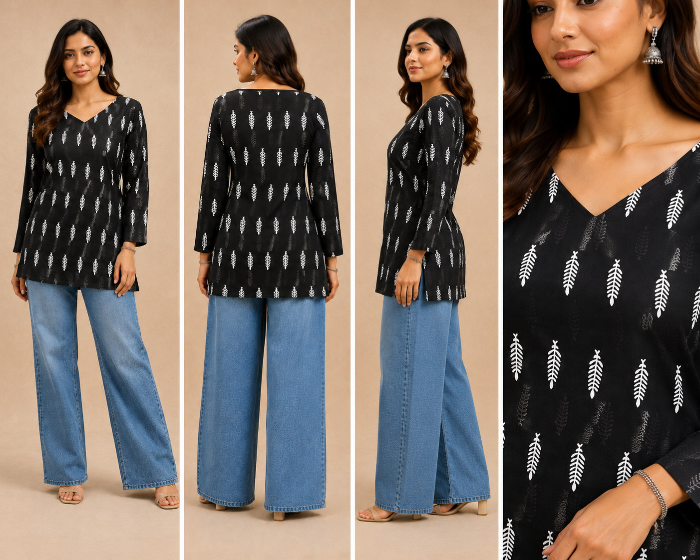 Cream Printed Cotton Women's Short Kurti – Leaf Print [Black]