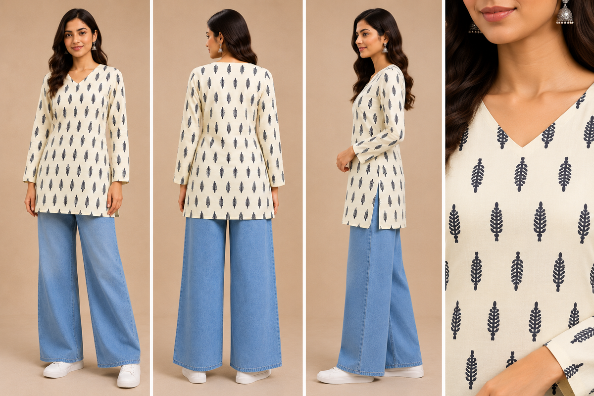 Cream Printed Cotton Women's Short Kurti – Leaf Print [White]