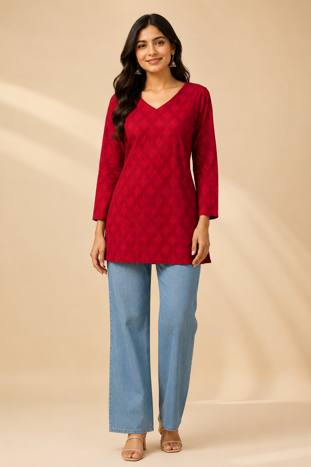 Printed Women's Short Kurti – Full Sleeve Cotton