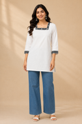 White Khadi Cotton Women's Short Kurti – Embroidery Work