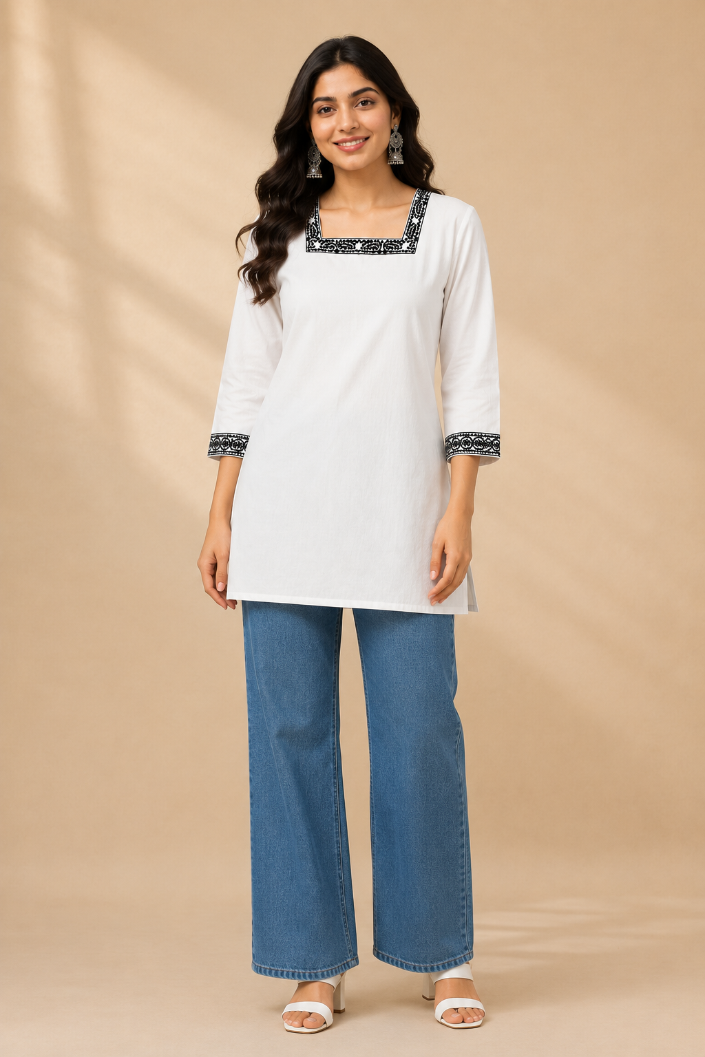 White Khadi Cotton Women's Short Kurti – Embroidery Work