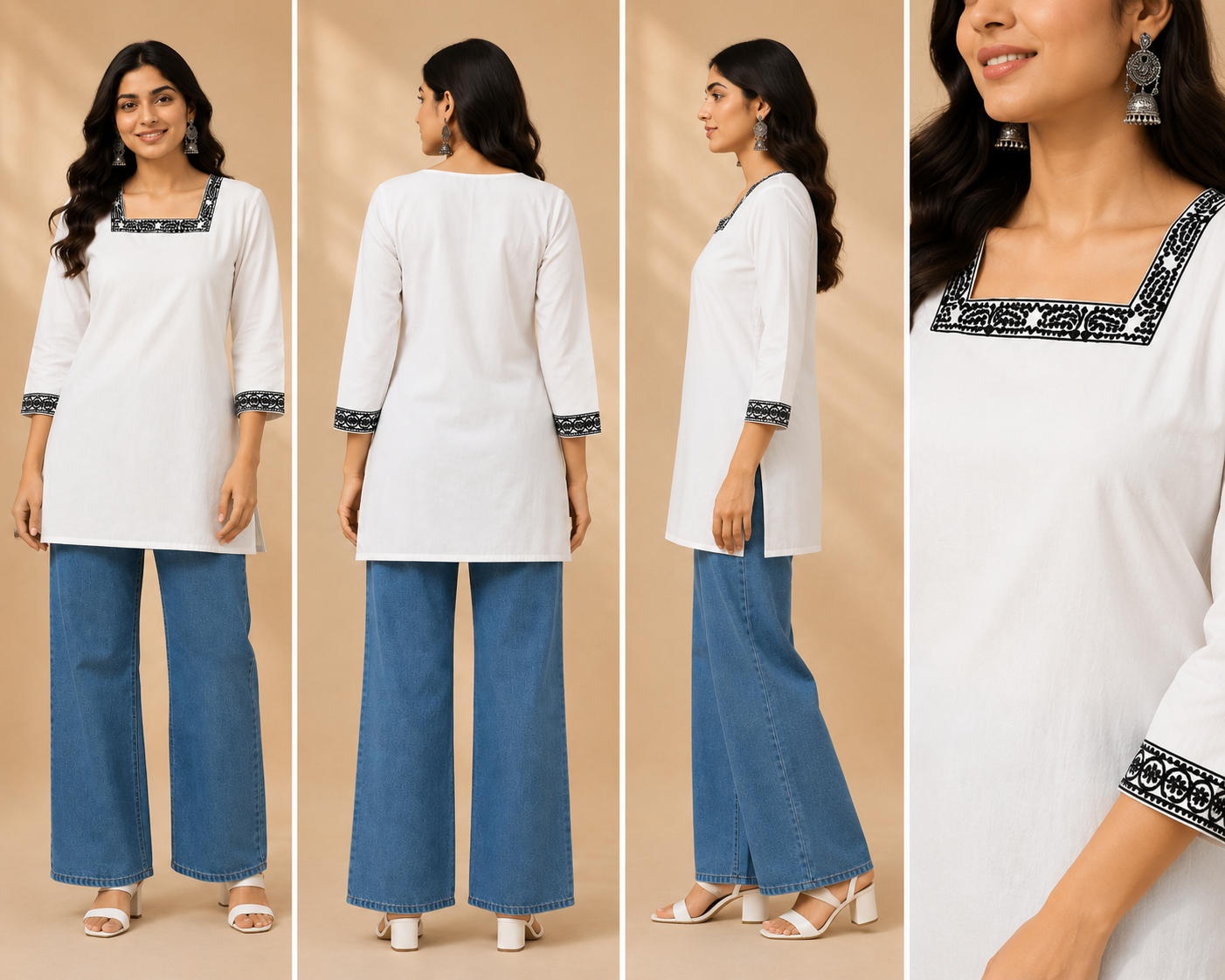White Khadi Cotton Women's Short Kurti – Embroidery Work