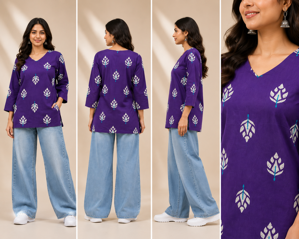 Printed Women's Short Kurti – Pure Cotton [Purple]