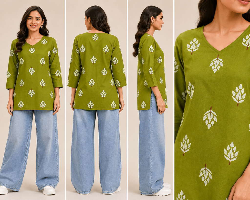 Printed Women's Short Kurti – Pure Cotton [Green]