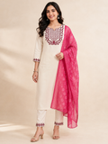 Ivory Embroidered Women's 3-Piece Kurti Set with Green Dupatta [Rani Pink]