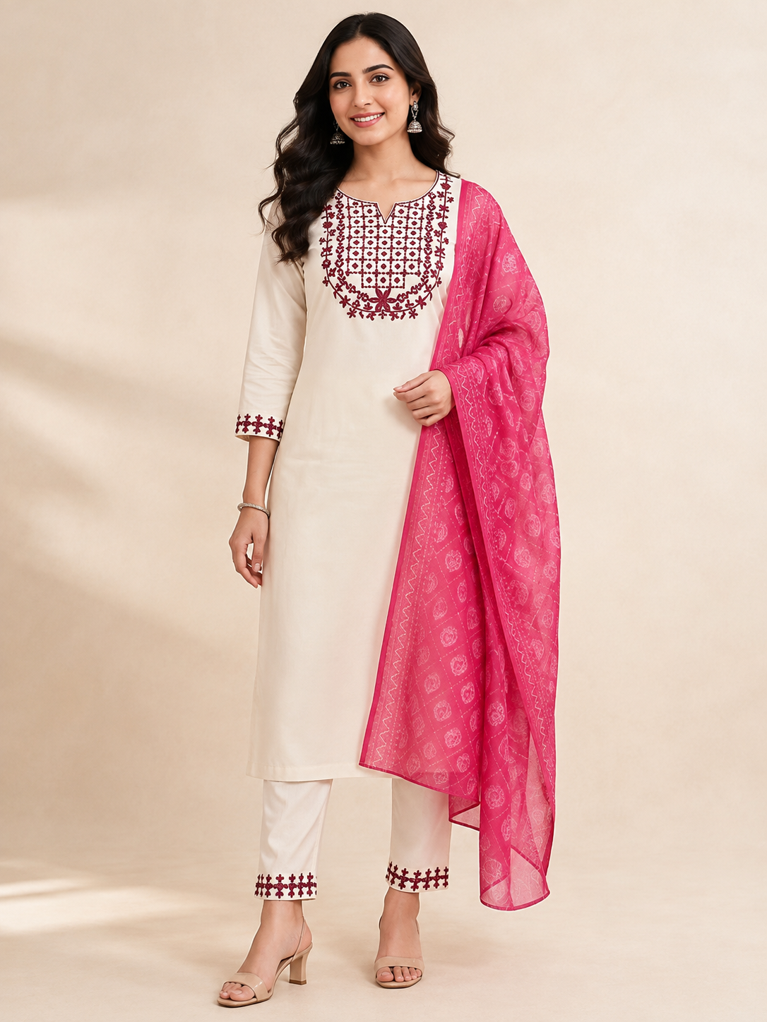Ivory Embroidered Women's 3-Piece Kurti Set with Green Dupatta [Rani Pink]