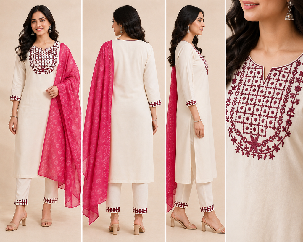 Ivory Embroidered Women's 3-Piece Kurti Set with Green Dupatta [Rani Pink]