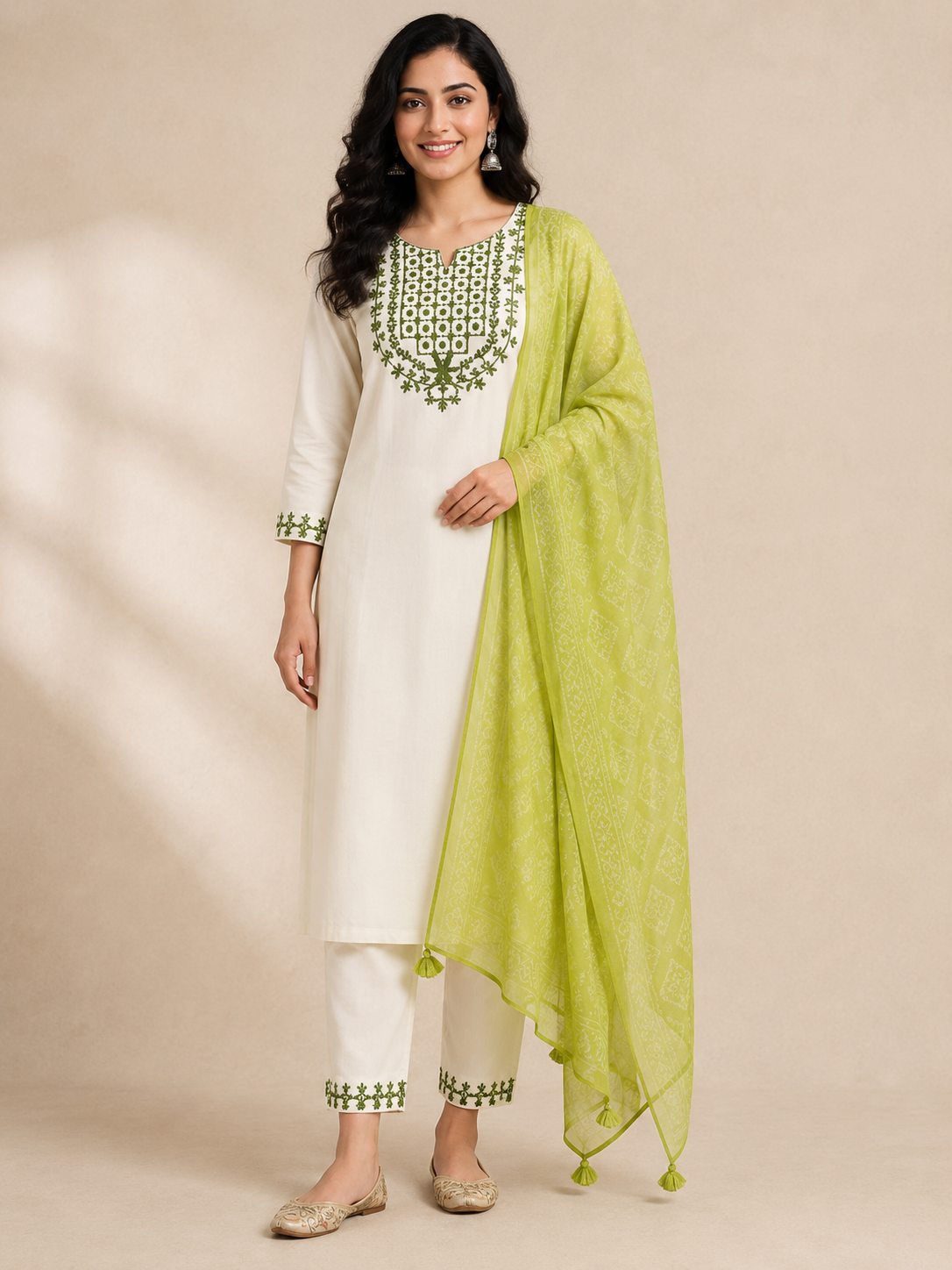 Ivory Embroidered Women's 3-Piece Kurti Set with Green Dupatta [Light Green]