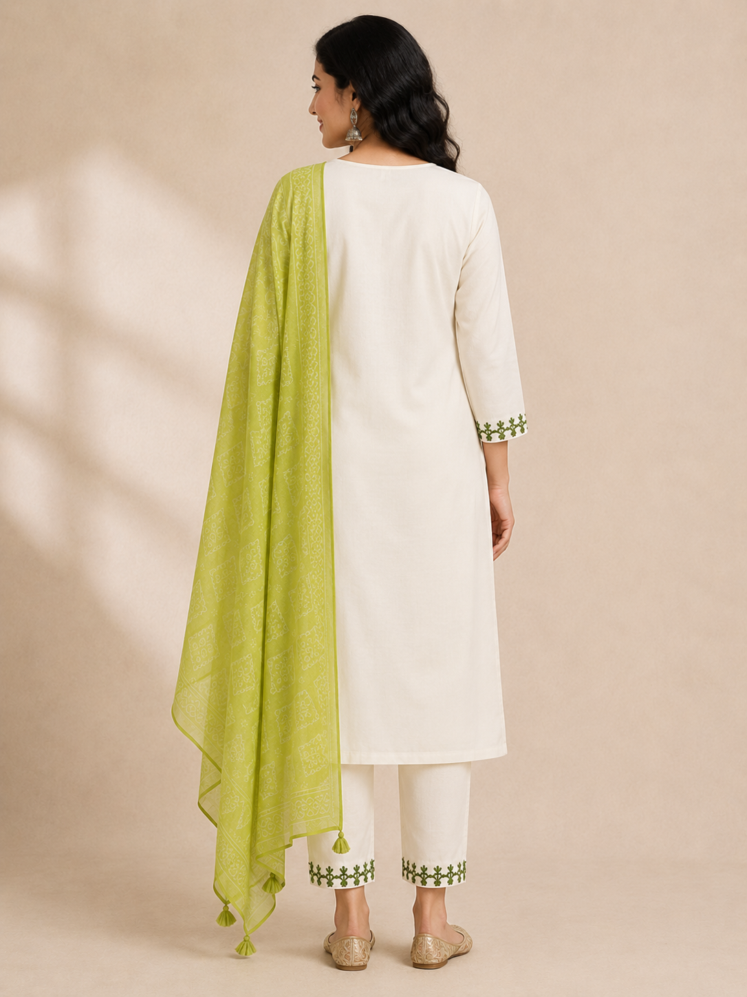 Ivory Embroidered Women's 3-Piece Kurti Set with Green Dupatta [Light Green]