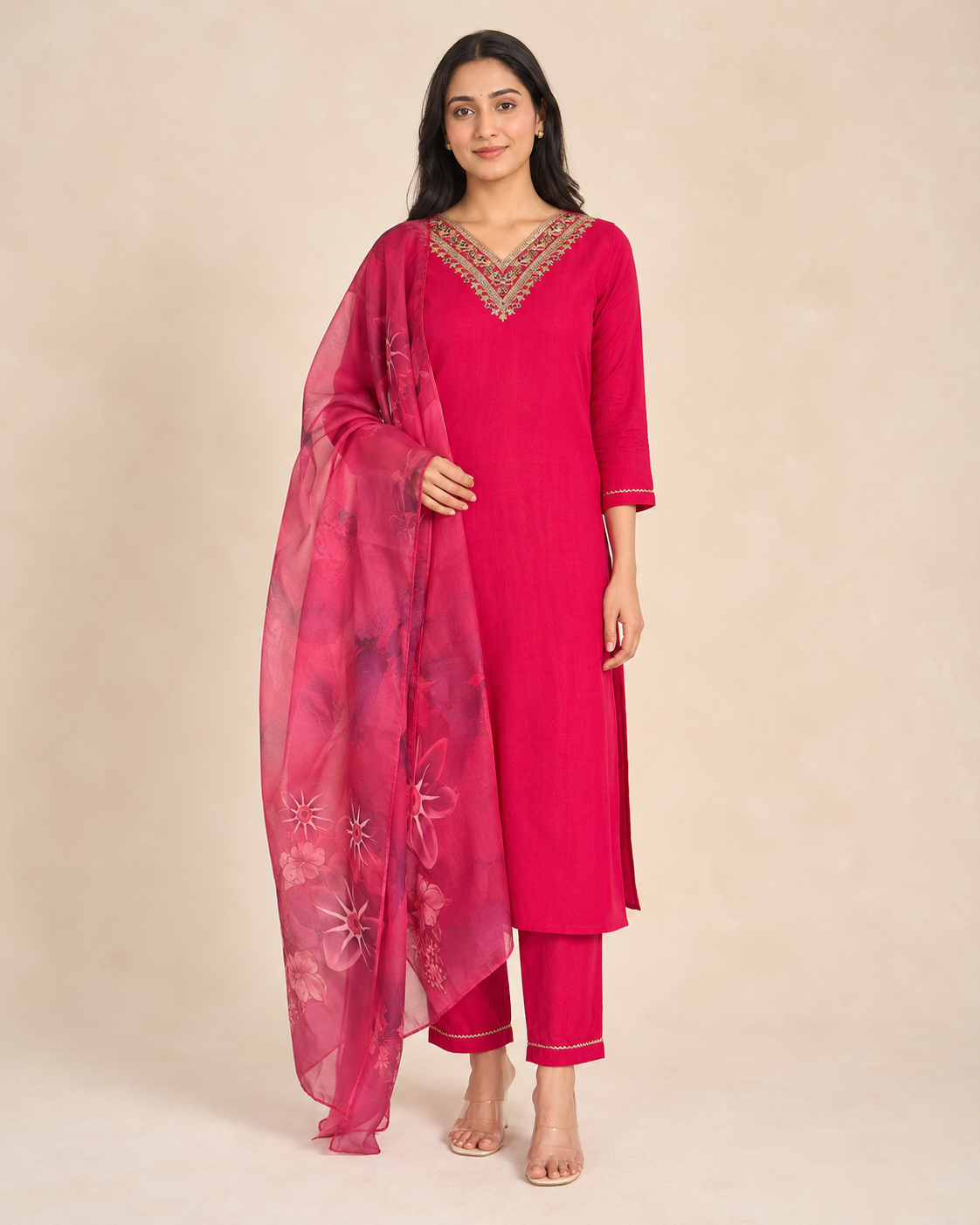Embroidered Rayon Slub 3-Piece Kurta Pant Dupatta Set [Rani Pink]