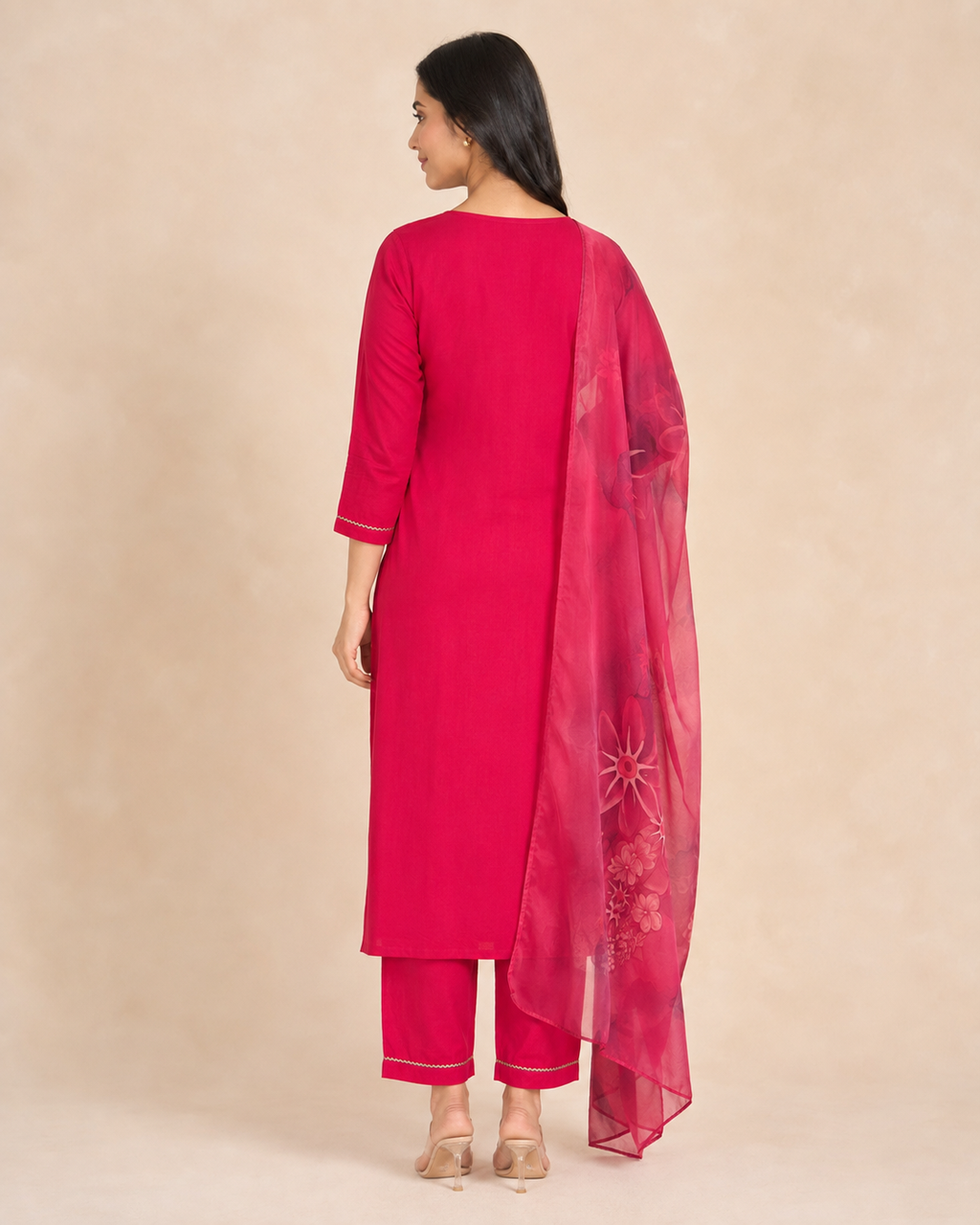 Embroidered Rayon Slub 3-Piece Kurta Pant Dupatta Set [Rani Pink]