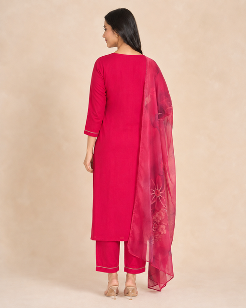 Embroidered Rayon Slub 3-Piece Kurta Pant Dupatta Set [Rani Pink]