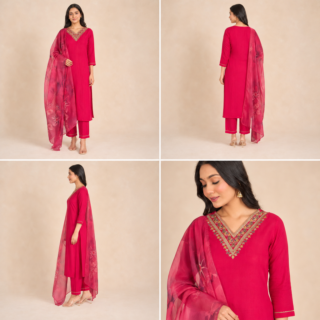 Embroidered Rayon Slub 3-Piece Kurta Pant Dupatta Set [Rani Pink]