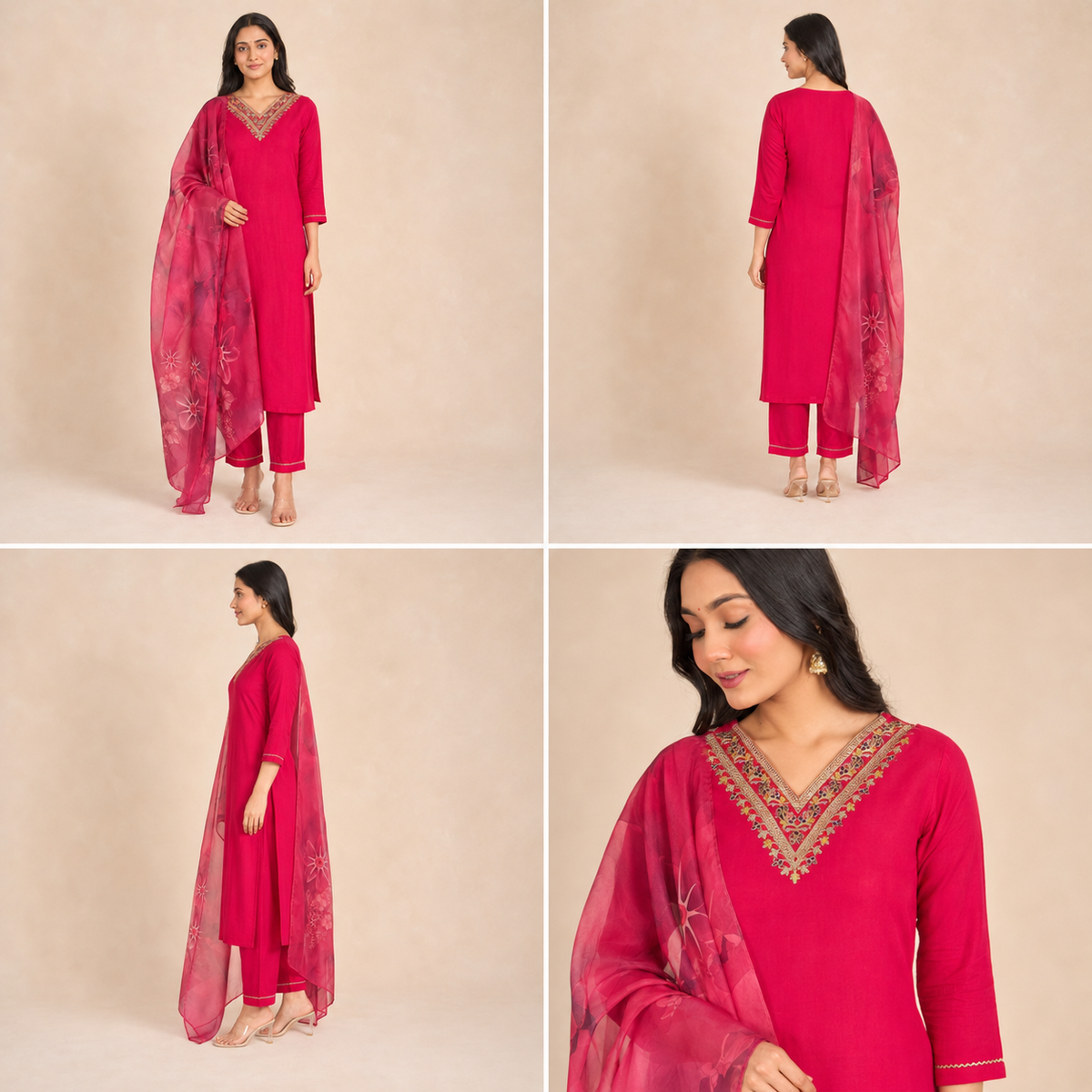 Embroidered Rayon Slub 3-Piece Kurta Pant Dupatta Set [Rani Pink]