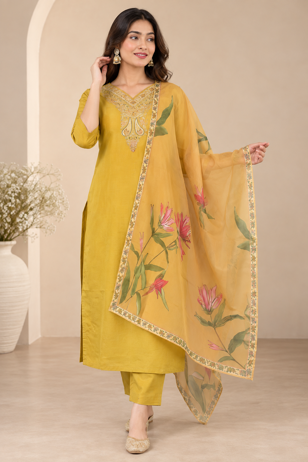 Embroidered Rayon Slub 3-Piece Kurta Pant Dupatta Set [Yellow]