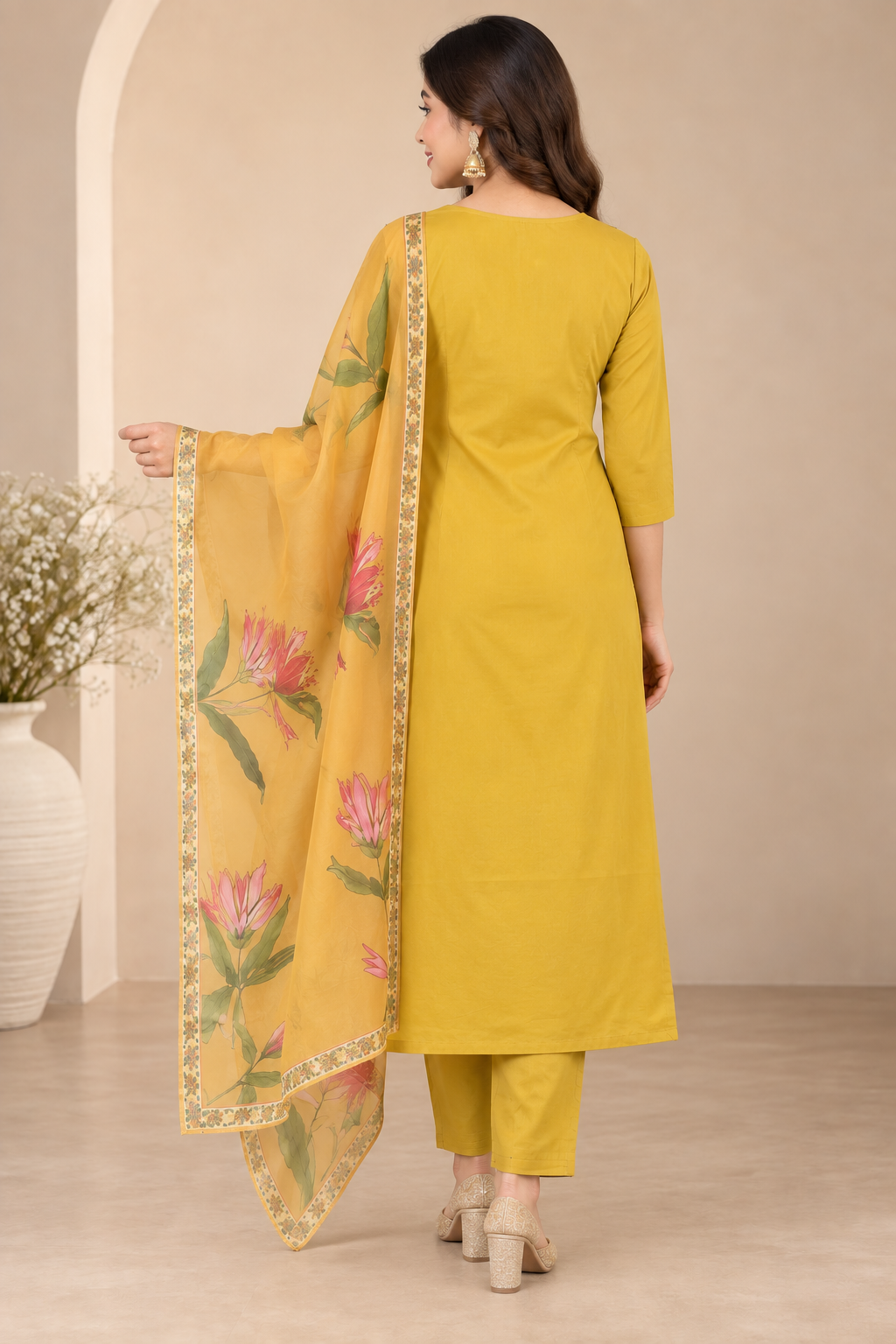 Embroidered Rayon Slub 3-Piece Kurta Pant Dupatta Set [Yellow]