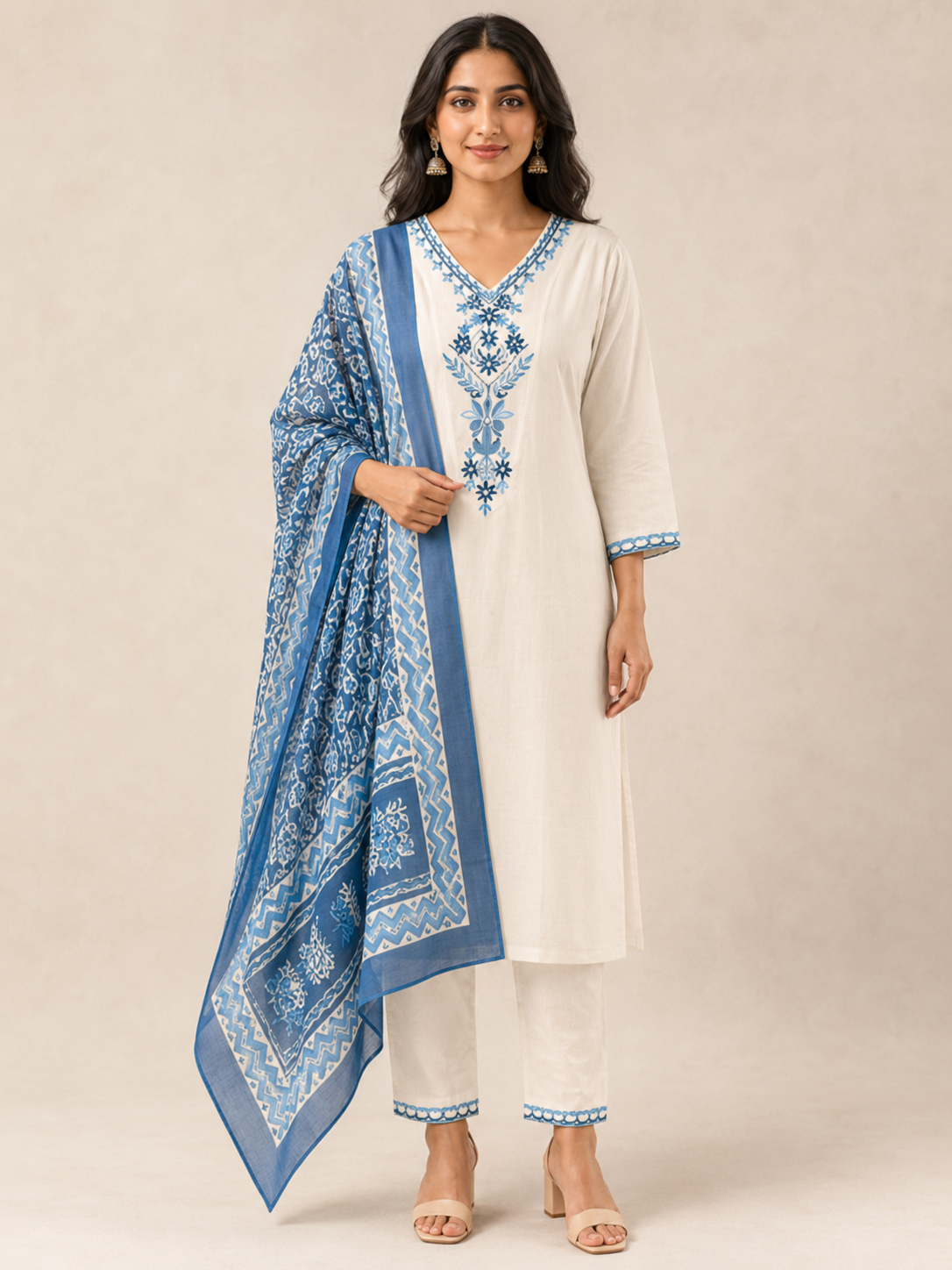 Ivory Blue Embroidered Khadi Cotton Kurta Pant Dupatta Set