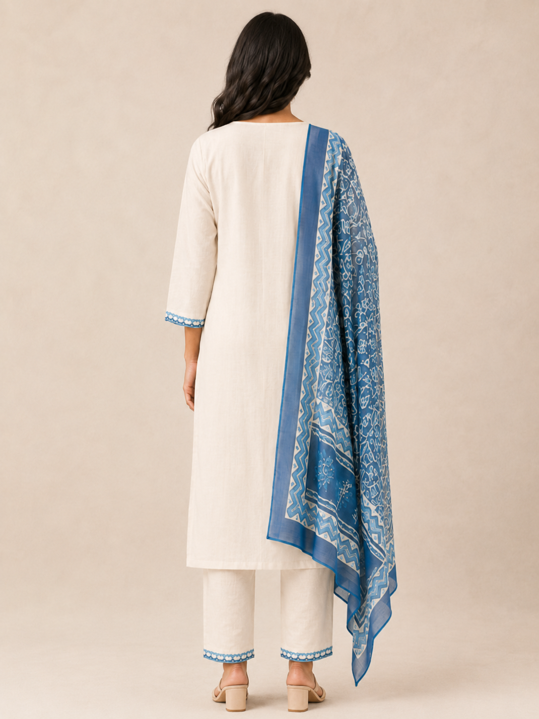 Ivory Blue Embroidered Khadi Cotton Kurta Pant Dupatta Set