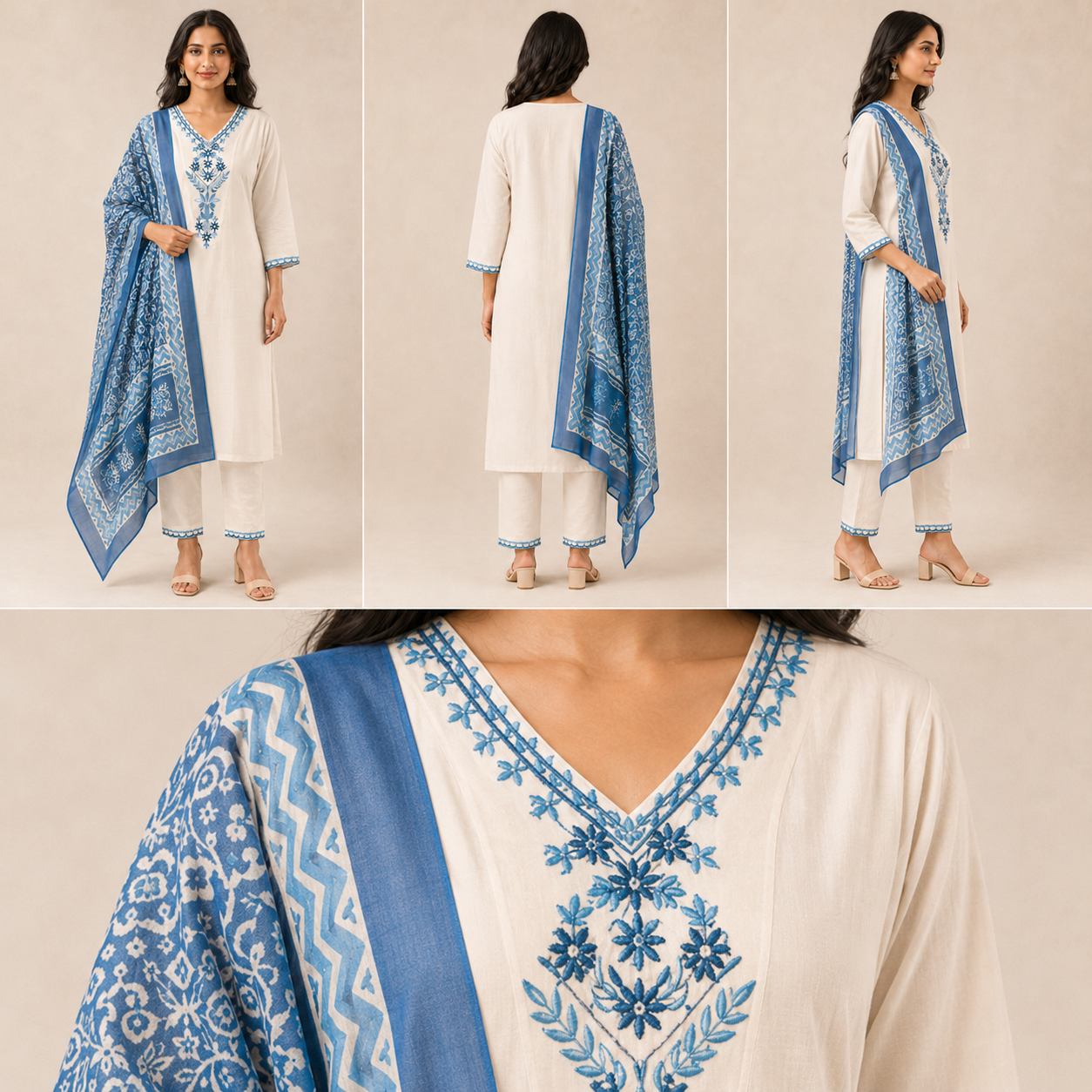 Ivory Blue Embroidered Khadi Cotton Kurta Pant Dupatta Set