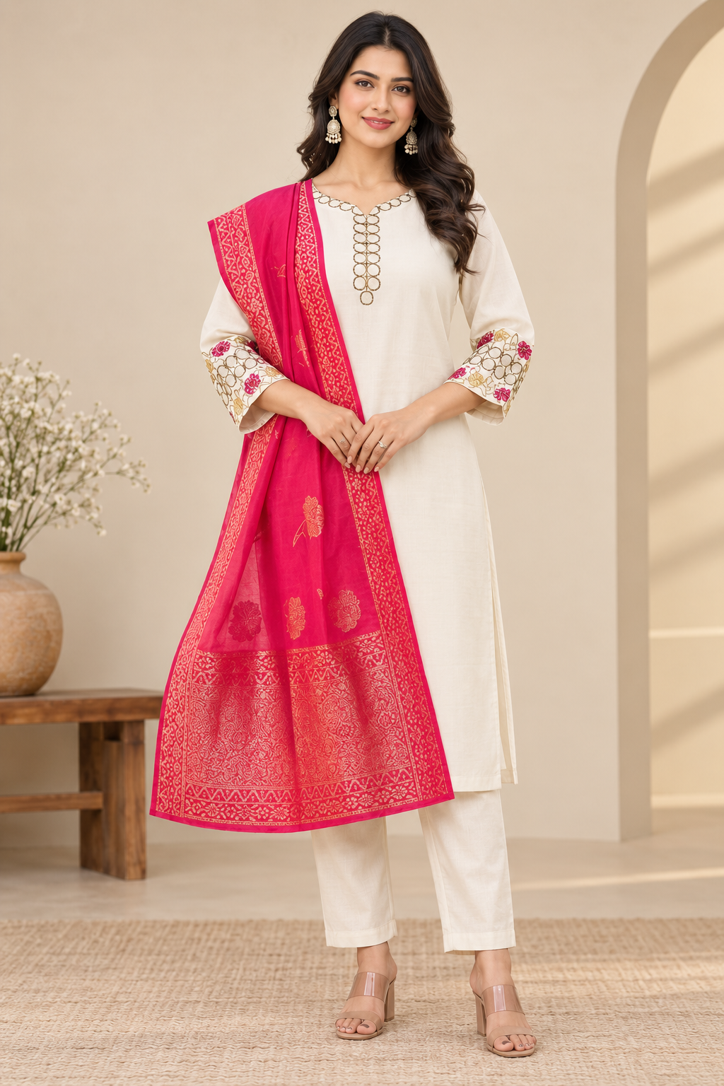 Ivory Rayon Slub Kurta Pant Set with Rani Pink Jacquard Dupatta