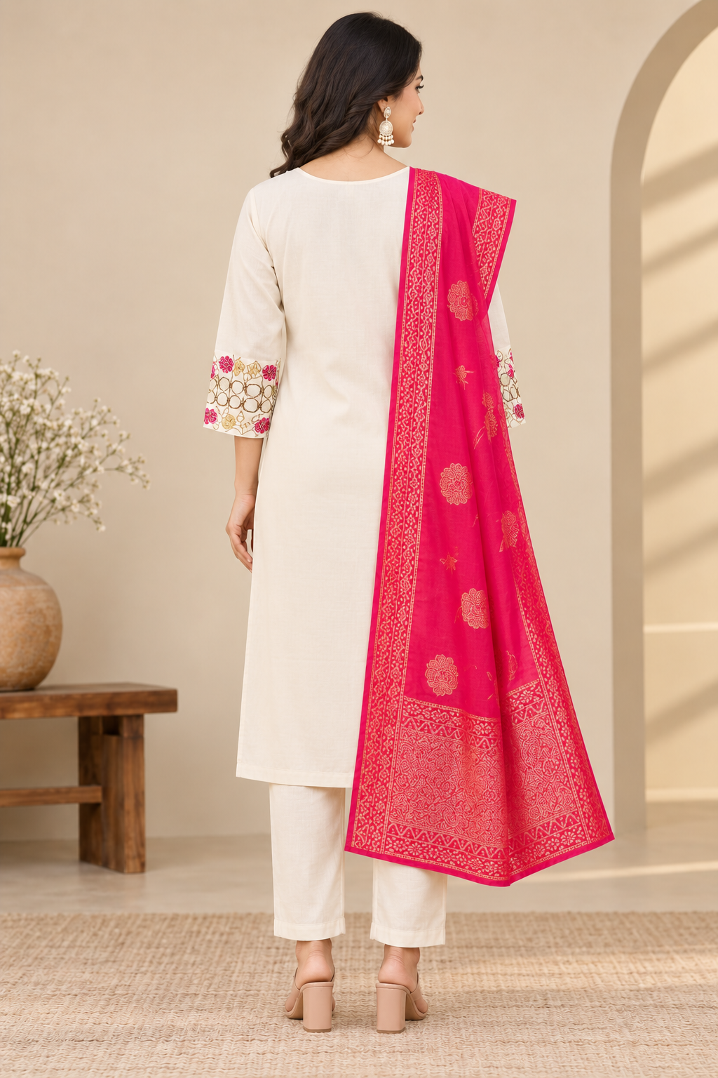 Ivory Rayon Slub Kurta Pant Set with Rani Pink Jacquard Dupatta