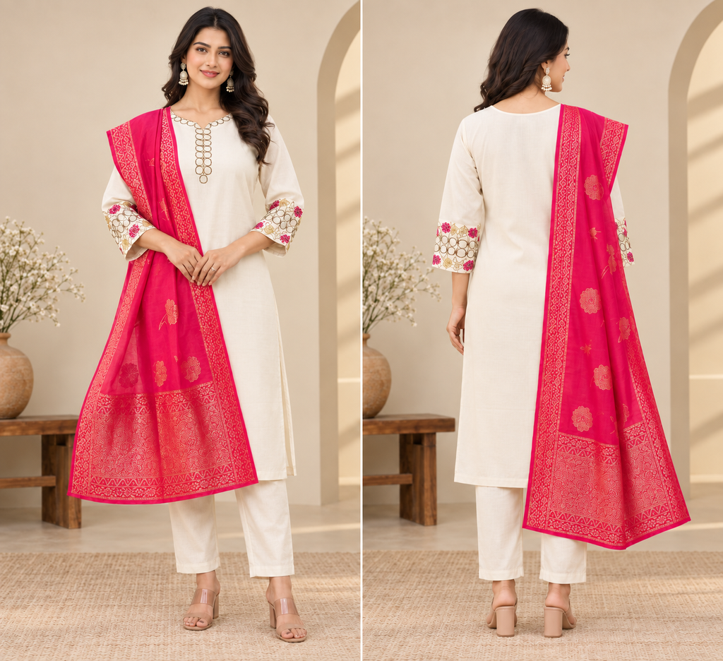 Ivory Rayon Slub Kurta Pant Set with Rani Pink Jacquard Dupatta