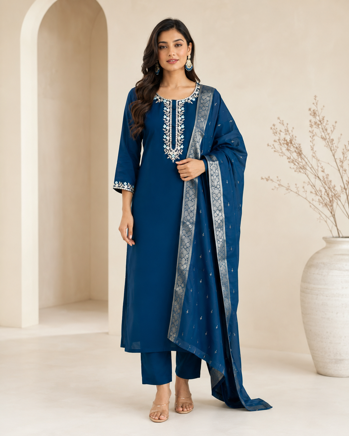 Deep Teal Embroidered Rayon Slub Kurta Set with Jacquard Dupatta