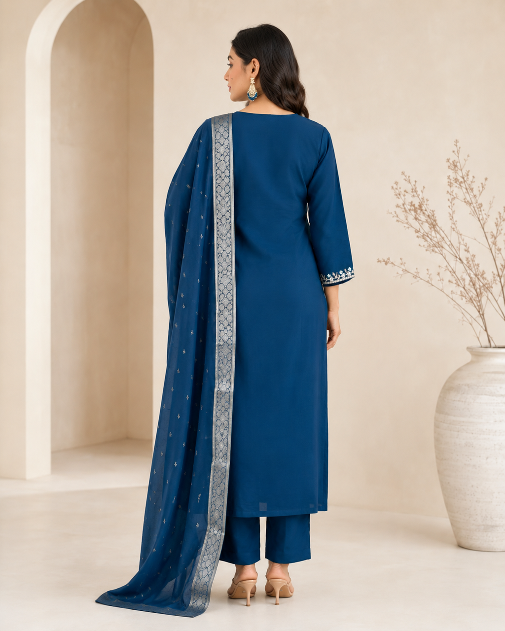 Deep Teal Embroidered Rayon Slub Kurta Set with Jacquard Dupatta