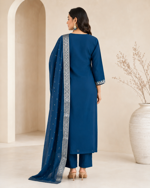Deep Teal Embroidered Rayon Slub Kurta Set with Jacquard Dupatta