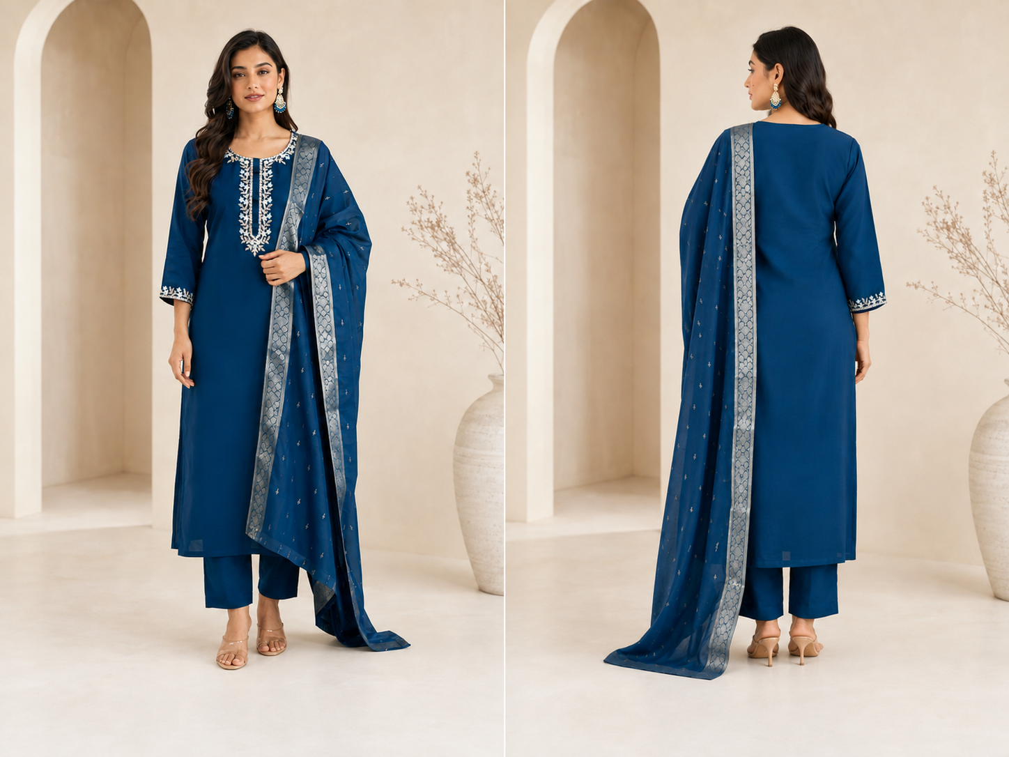 Deep Teal Embroidered Rayon Slub Kurta Set with Jacquard Dupatta