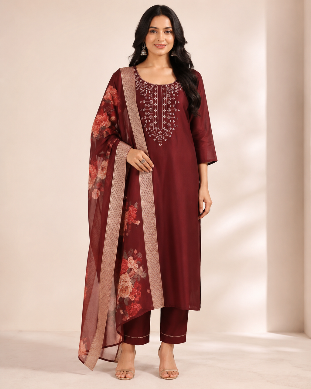 Embroidered Rayon Slub 3-Piece Kurta Pant Dupatta Set