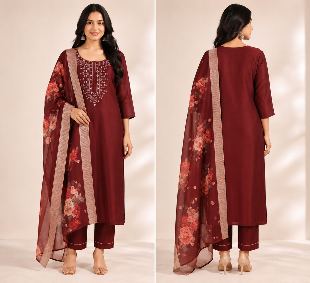 Embroidered Rayon Slub 3-Piece Kurta Pant Dupatta Set