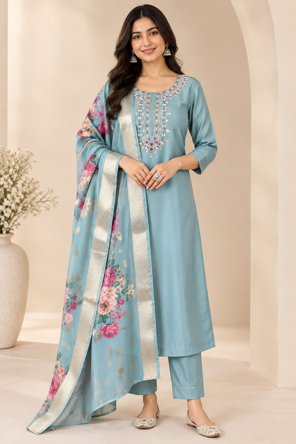 Embroidered Rayon Slub 3-Piece Kurta Pant Dupatta Set