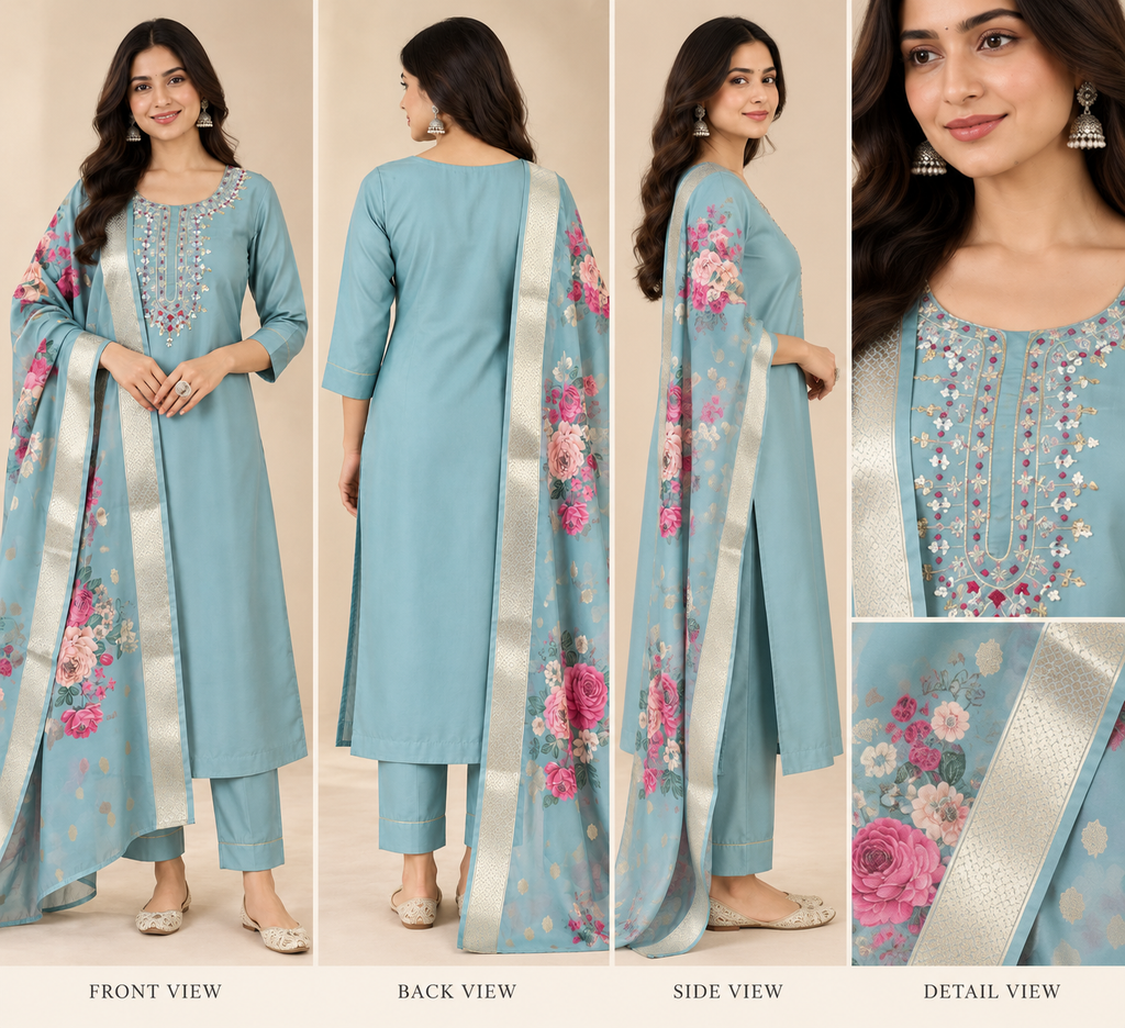 Embroidered Rayon Slub 3-Piece Kurta Pant Dupatta Set